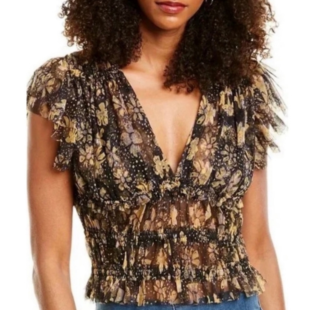 Free People Floral Sheer Blouse - Black and Gold